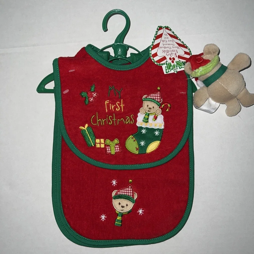 Set of 2‎ Baby Essentials My First Christmas Bib, Burp Cloth and Ornament NEW